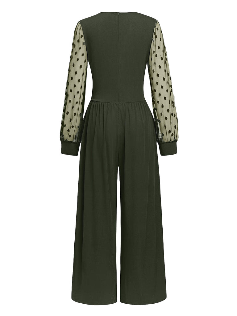 Olivgrün 1950er V-Ausschnitt Polka Dot Transparentärmel Jumpsuit