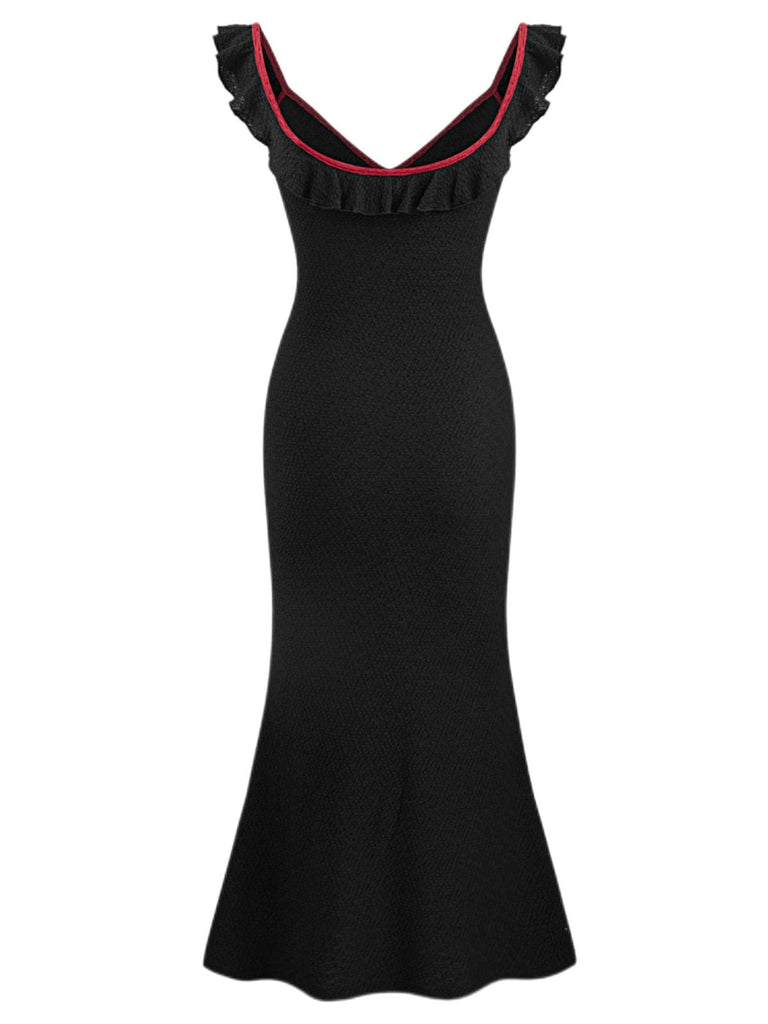 Schwarz 1930er V-Ausschnitt Rüschen Stricken Meerjungfrauenkleid