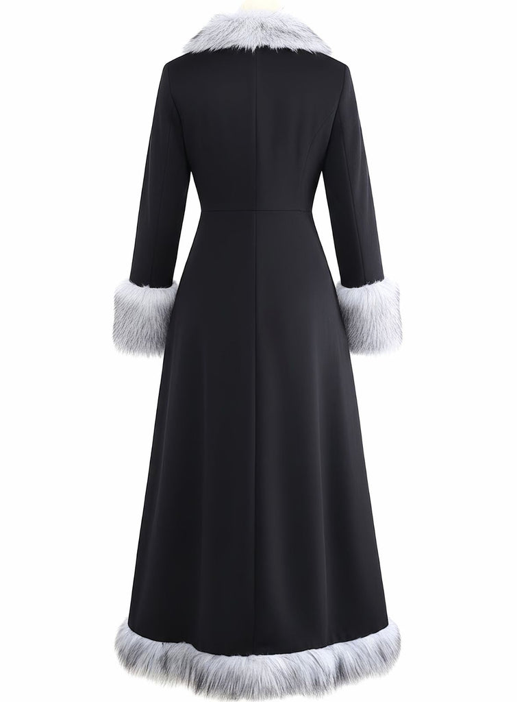 Schwarz 1930er Faux Pelzbesatz Maxi Mantel