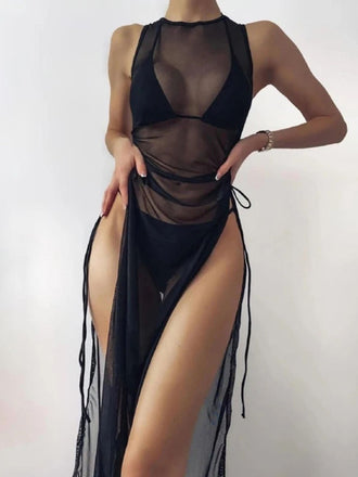 80er Bikini-Set & Mesh-Cover-Up in Uni