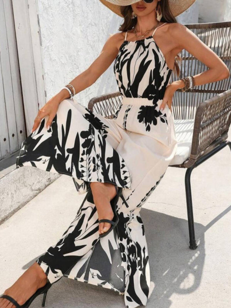 Weiß 1930er Silhouette Pflanzen Spaghetti Träger Jumpsuit