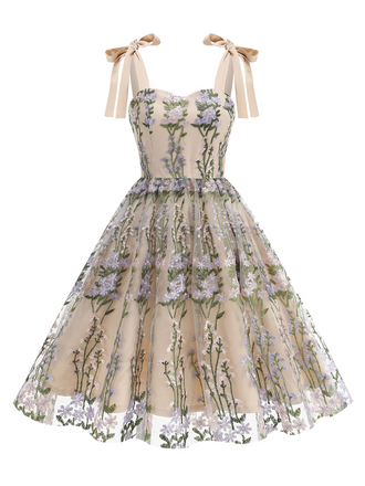 1950er Bestickt Netz Schnürung Herzförmiger Hals Kleid