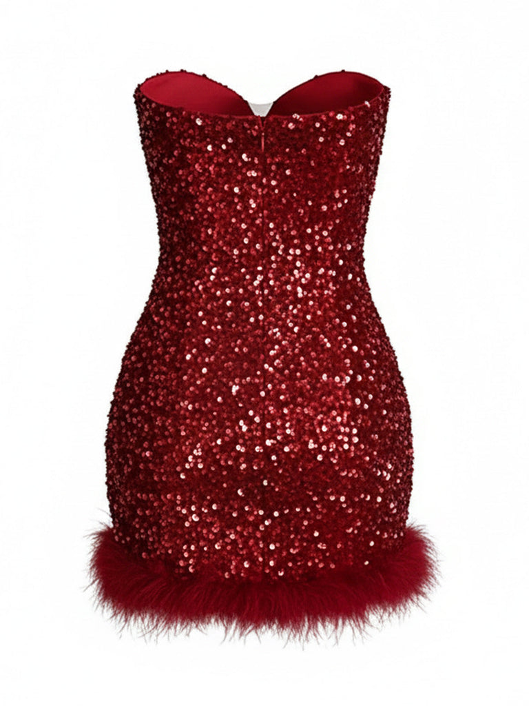 Weinrotes 80er trägerloses Minikleid mit Pailletten und Federbesatz