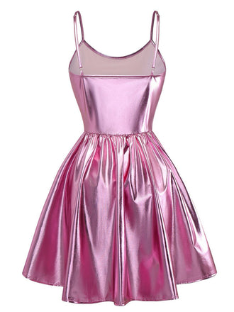 Rosa 1980er Metallisch Spaghetti Träger Party Kleid