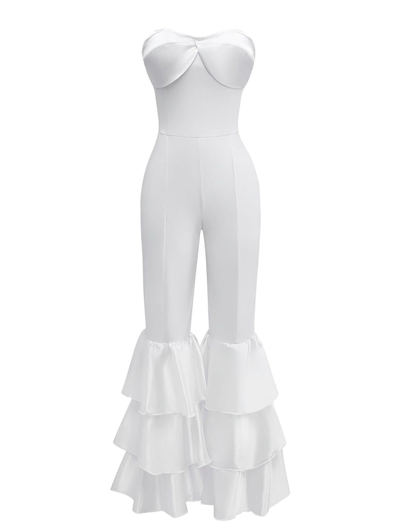 1970er Boho Trägerloses Solide Plissiertes Rüschen Jumpsuit