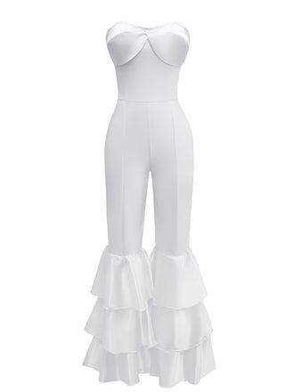 1970er Boho Trägerloses Solide Plissiertes Rüschen Jumpsuit