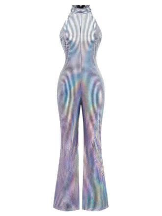 Silber 1970er Disko Ärmellos Metallisch Jumpsuit