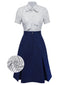 [Vorverkauf] 2PCS 1960er Schleifenkragen Streifen Bluse & Denim Rock