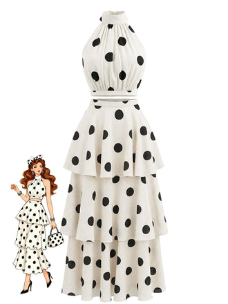Beigefarbenes, ärmelloses Neckholder-Rock-Set im Stil der 1950er Jahre mit Blumenmuster und Polka-Dots – Vintage-Rock, Retro-Stil