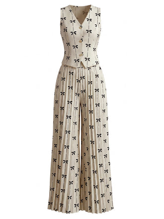 2PCS Beige 1940er Schleife Ärmellos Weste & Plissee Hose