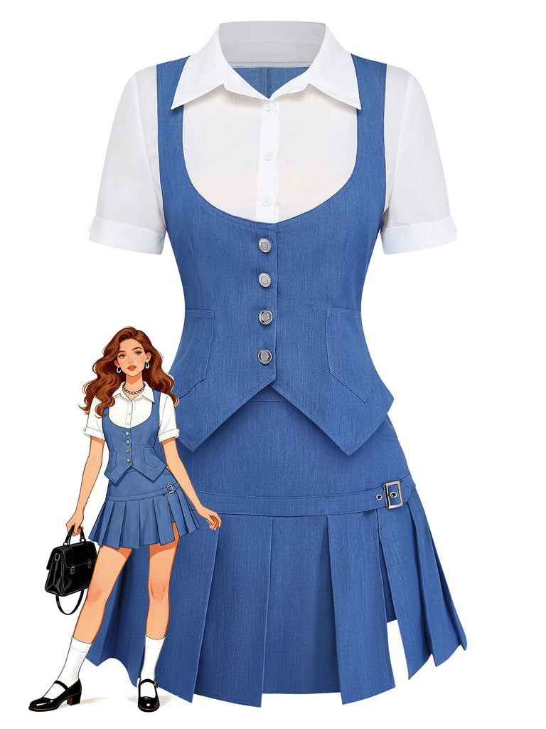 Blaues Kleid mit Weste und weißem Hemd auf weißem Hintergrund