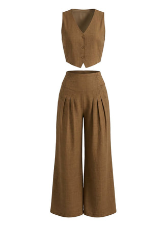 2-teiliges Set: Braune Weste mit V-Ausschnitt und weite Hose im Stil der 1940er Jahre – Vintage-Mode, Retro-Stil
