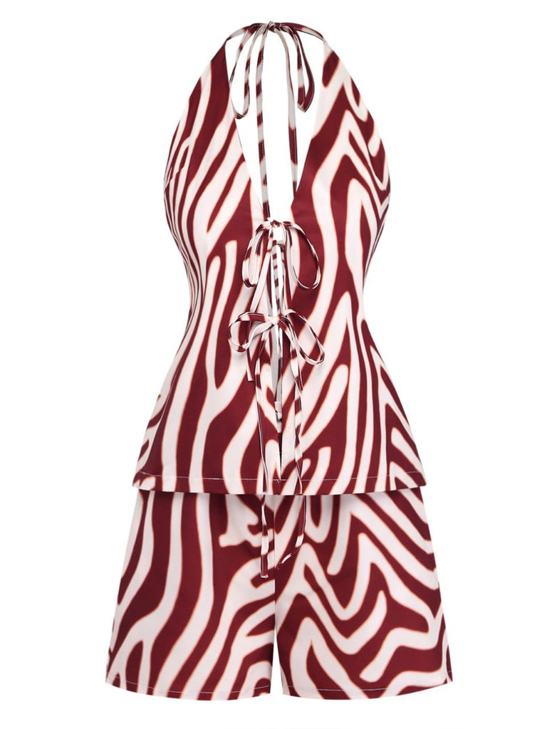 2-teiliges Set: Braunes Neckholder-Top mit tiefem V-Ausschnitt und Streifen im Stil der 1970er Jahre