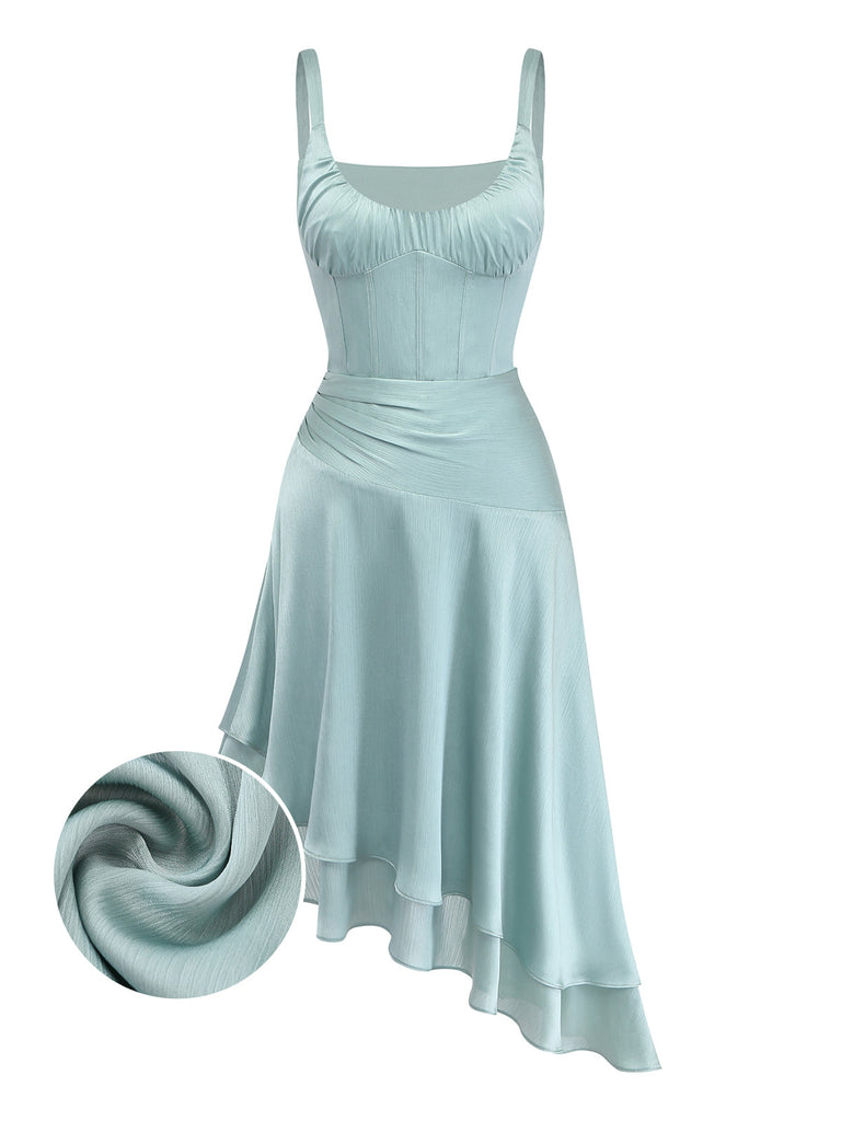 2-teiliges Set – Grün – 1960er-Jahre – Wellenmuster – Fischgrätenmuster – Oberteil – Asymmetrischer Rock