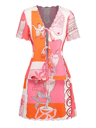 2-teiliges Set: Mehrfarbiges Meerjungfrauen-Top im Stil der 1940er Jahre mit Bindebändern und Rock