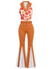 2PCS Orange 1970er Blumen Top & Gürtel Schlaghose