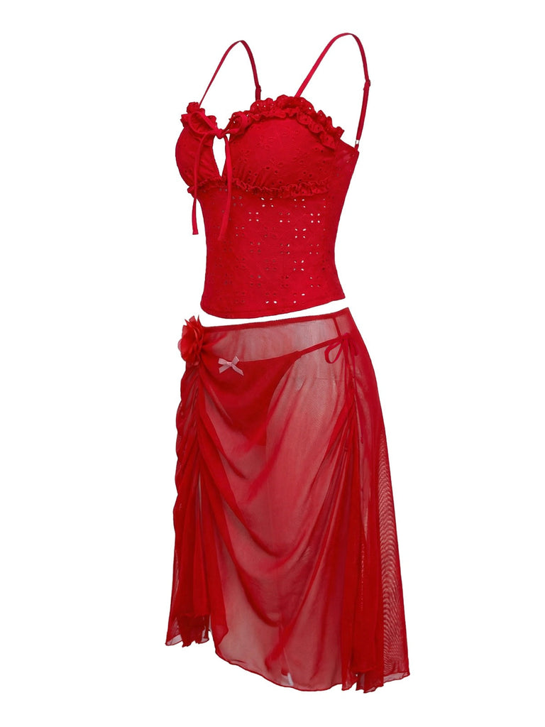 2-teiliges rotes Tankini-Set im Stil der 1960er Jahre mit Ausschnitt und Rüschen, inklusive Überwurf, Seitenansicht