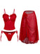 Vintage-Tankini-Badeanzug-Set in Rot mit romantischen Rüschendetails und passendem Netz-Überwurf mit abnehmbaren 3D-Blumenapplikationen und asymmetrischem Saum für den Strand-Look der 1960er Jahre.