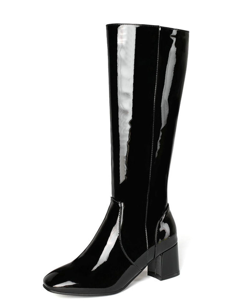 Vintage Patent Leder Block Heel Kniehohe Stiefel