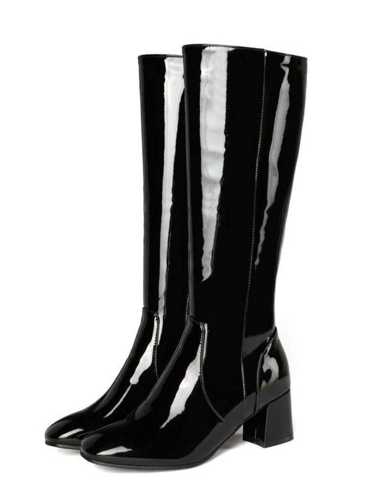Vintage Patent Leder Block Heel Kniehohe Stiefel