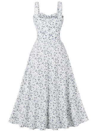 1940er Blumen Schnürung Breit-Träger Kleid