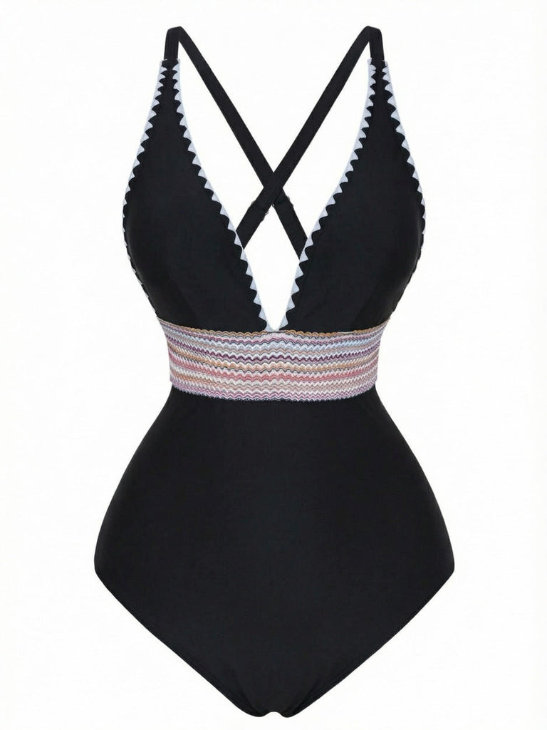1940er Tiefer V-Ausschnitt Wellig Patchwork Einteiliger Badeanzug