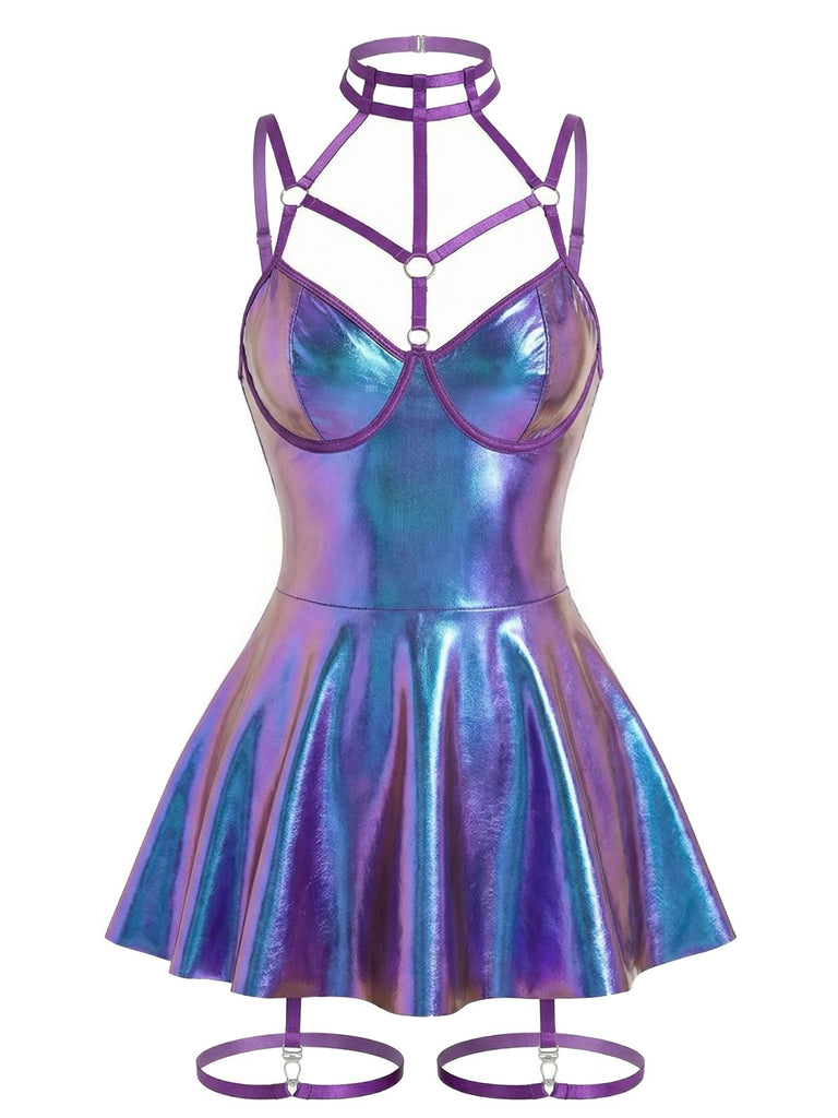 Blau 1970er Lackleder Halter Laser Slip Nachthemd