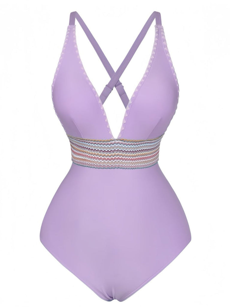 1940er Tiefer V-Ausschnitt Wellig Patchwork Einteiliger Badeanzug