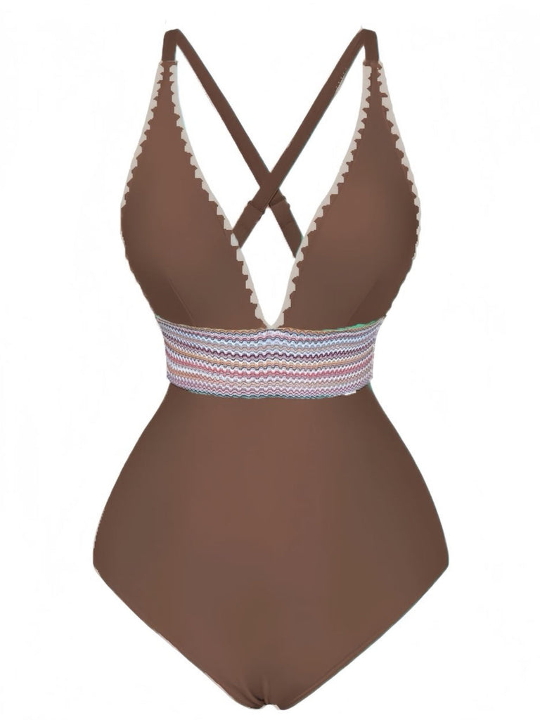 1940er Tiefer V-Ausschnitt Wellig Patchwork Einteiliger Badeanzug