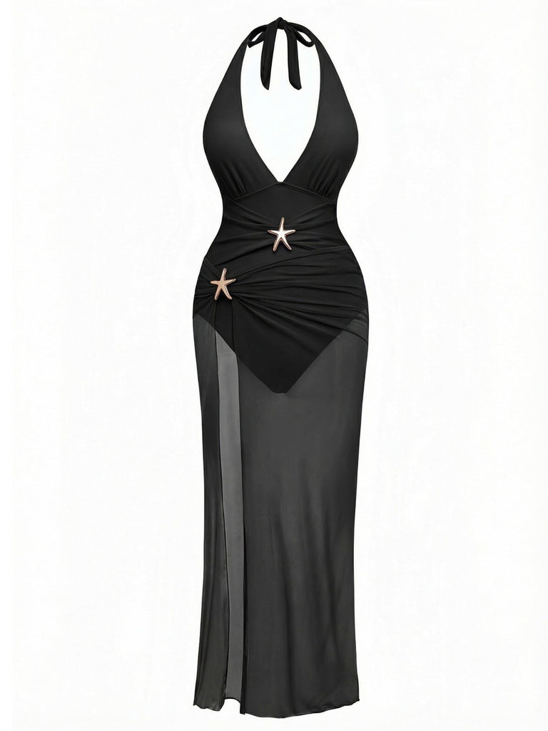 2PCS 1940er Tiefer V Halter Seestern Einteiliger Badeanzug & Cover-Up