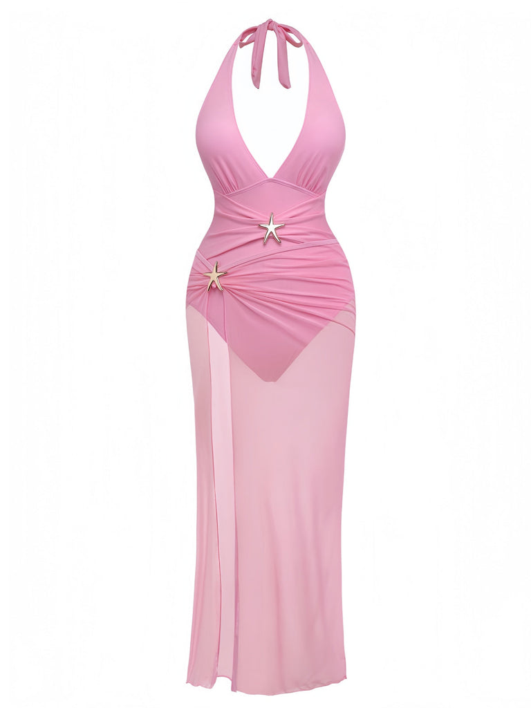 2PCS 1940er Tiefer V Halter Seestern Einteiliger Badeanzug & Cover-Up