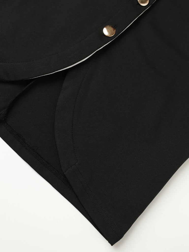 Schwarz 1960er Ärmellos Revers Knopf Enges Kleid