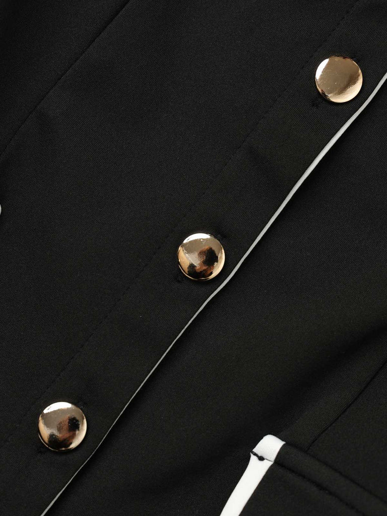 Schwarz 1960er Ärmellos Revers Knopf Enges Kleid