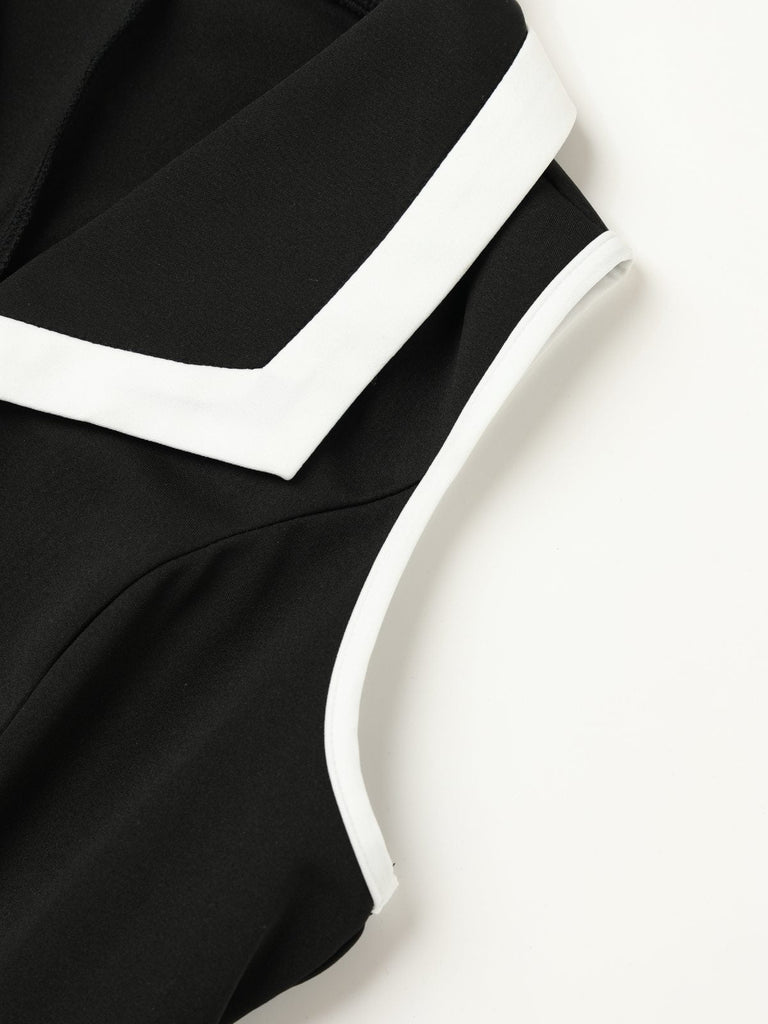 Schwarz 1960er Ärmellos Revers Knopf Enges Kleid