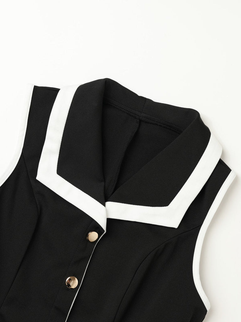 Schwarz 1960er Ärmellos Revers Knopf Enges Kleid