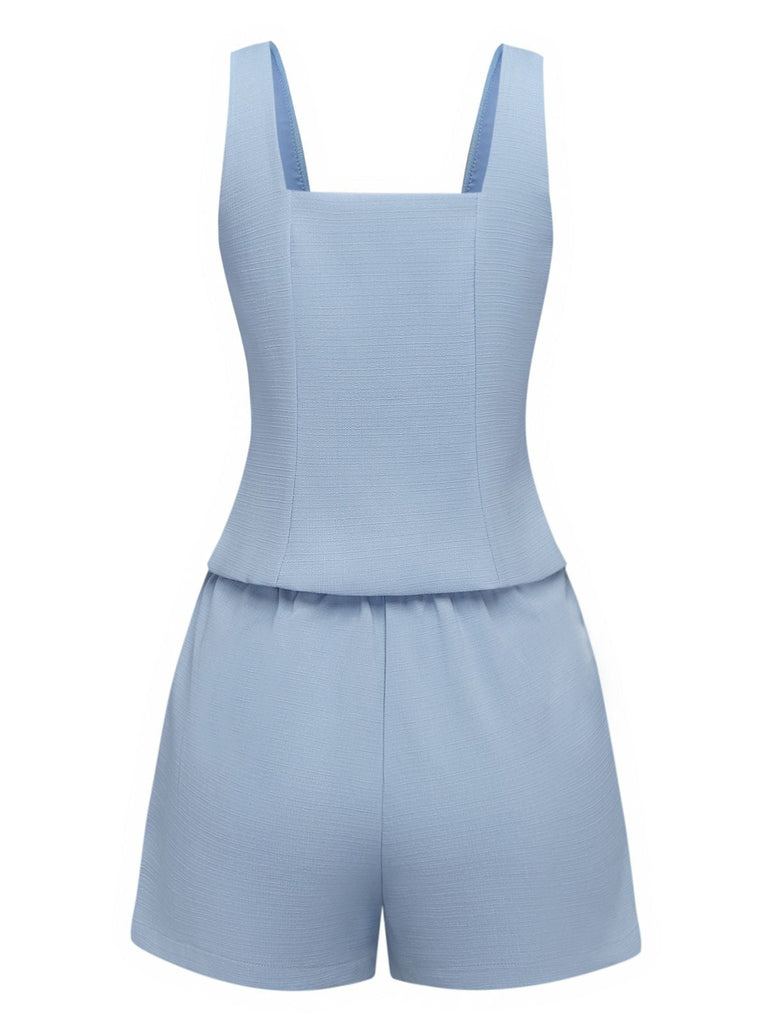 2PCS 1960er Breite Träger Tasten Quadratischer Hals Top & Shorts