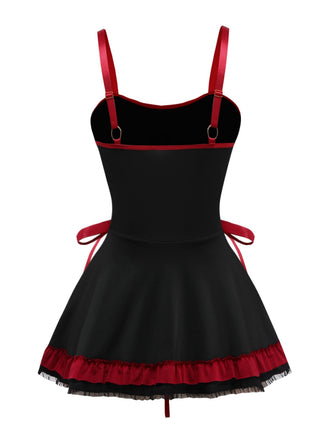 Schwarz 1950er Kreuz Kontrast Rüschensaum Nachthemd