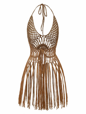 1960er Häkeln Fransen Cutout Halter Bikini Cover-Up