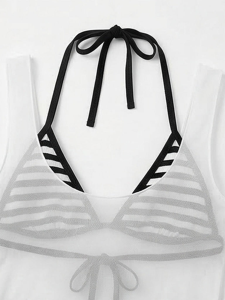 3PCS 1980er Streifen Bikini Set & Durchsichtig Cover-Up Tank