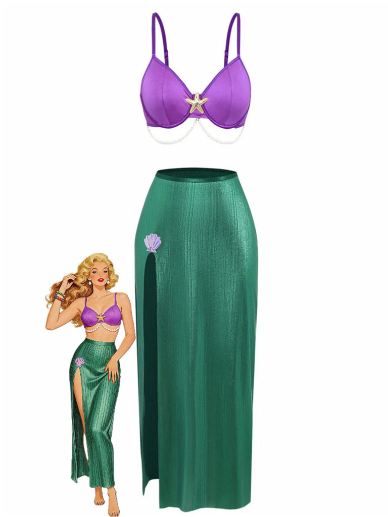 3PCS Lila 1970er Meer Perle Satin Meerjungfrau Nachtwäsche Set-model