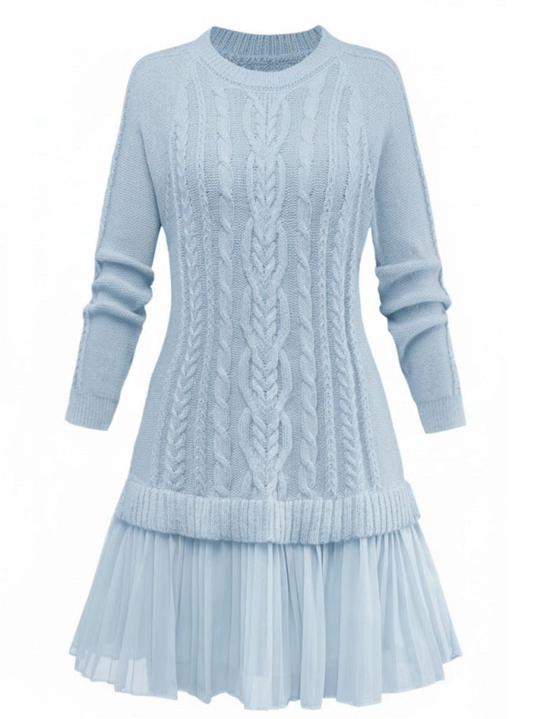 Blau 1940er Solide Zopf Stricken Plissiertes Saum Pullover Kleid