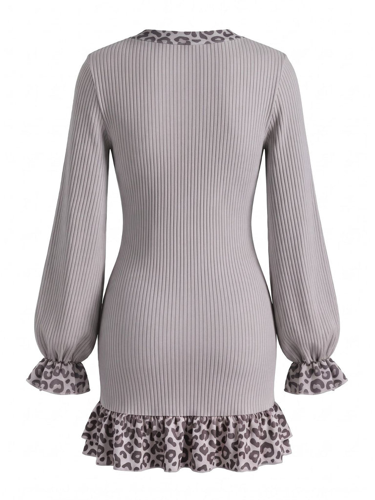 60er Rippstrickkleid mit Leopardenbesatz und Ballonärmeln