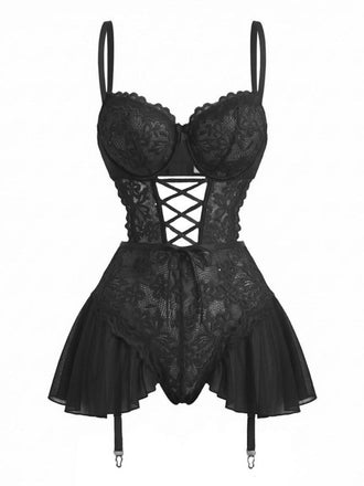 Schwarz 1960er Netz Spitze Nachthemd Mit Strumpfhalter Bänder