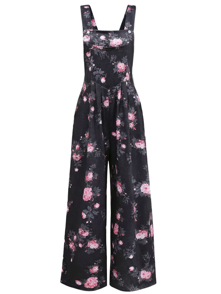 Grün 1940er Blumen Drucken Weitbeinig Jumpsuit