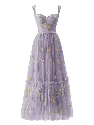 Lila 1930er Blumen Netz Stäbchen Schnürung Kleid