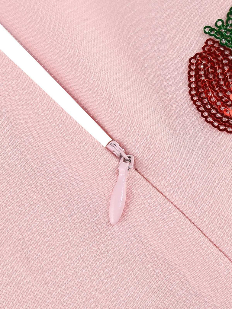 Rosa 1950er V-Ausschnitt Erdbeere Netz Swing Kleid