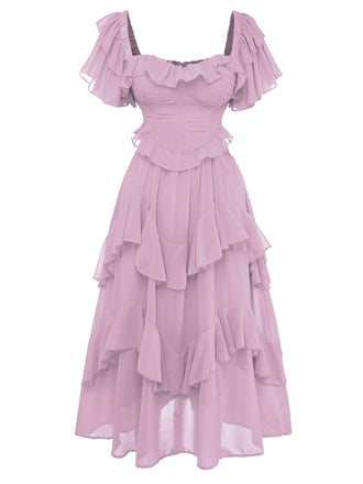 Nebligrosa 1950er Rüschen Gestuft Schulterfrei Maxi Kleid