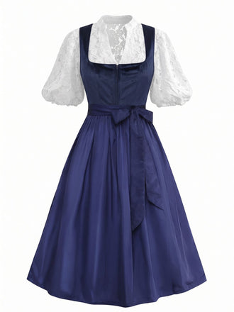 Dunkelblaues 50er Jacquard-Kleid mit Samt und Spitze