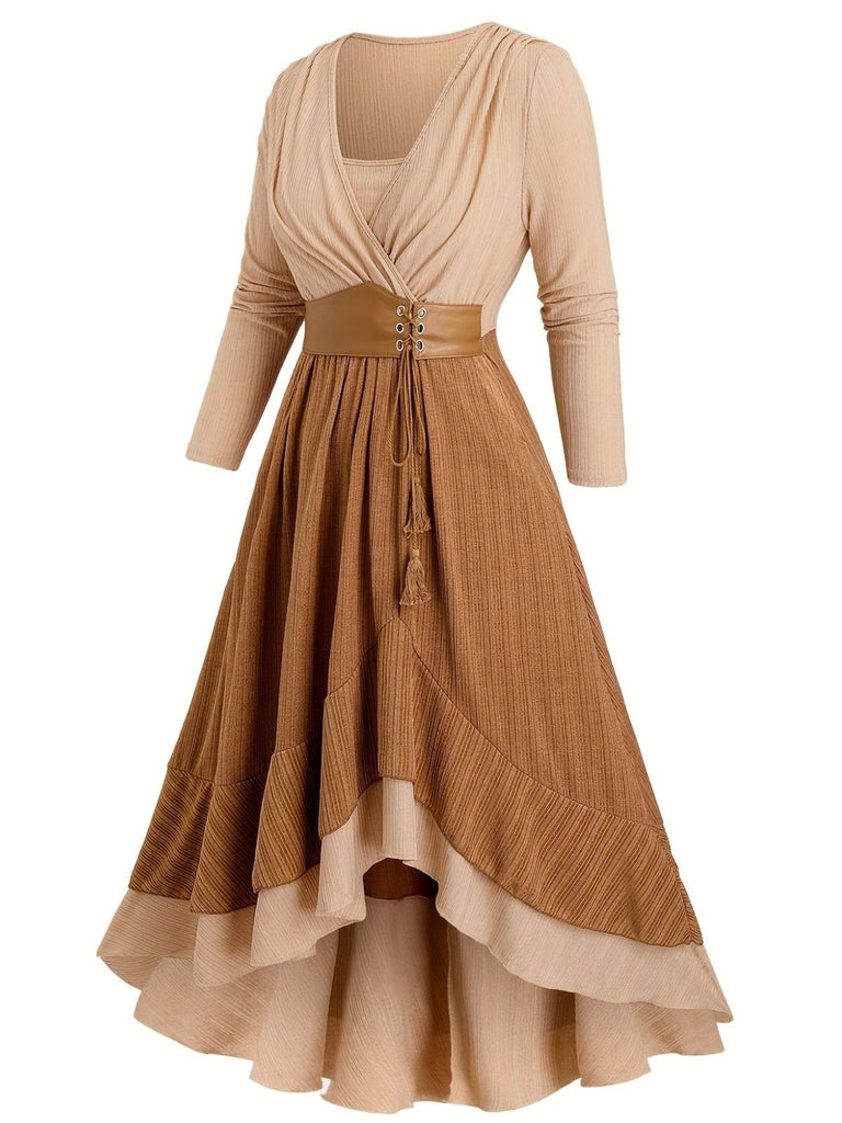 [Übergröße] 1970er Boho Binden Quaste Saum Rüschen Gerippt Kleid