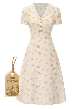Beige 1940er Baumwolle Puffärmel Revers Blumen Kleid